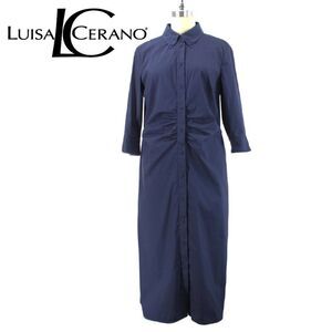 LUISA CERANO Dark Blue Cotton Stretch Shirt Dress Ruched Front Button Midi SZ 10